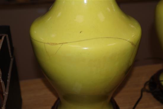 A pair of Chinese yellow ground vase table lamps (one a.f.)